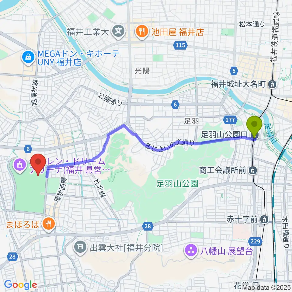 足羽山公園口駅から福井県営陸上競技場 9.98スタジアムへのルートマップ地図