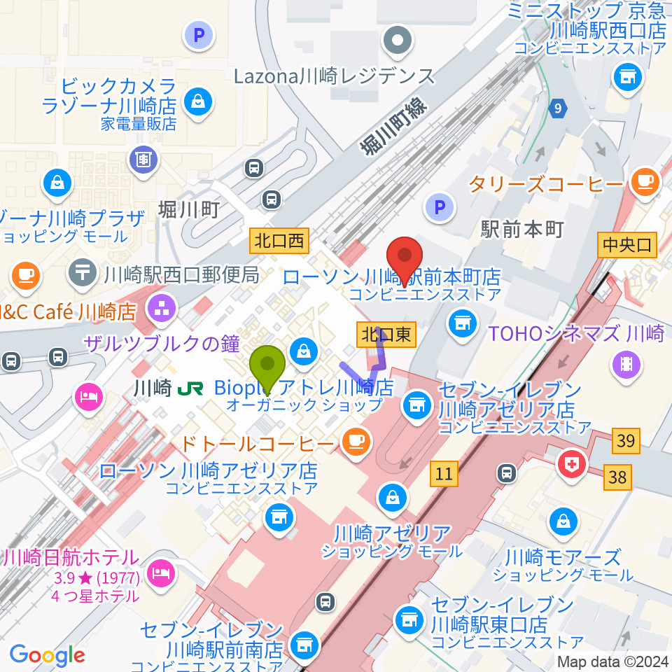 川崎浮世絵ギャラリーの最寄駅川崎駅からの徒歩ルート（約2分）地図