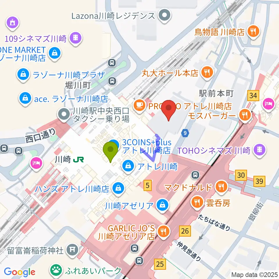 川崎浮世絵ギャラリーの最寄駅川崎駅からの徒歩ルート（約2分）地図