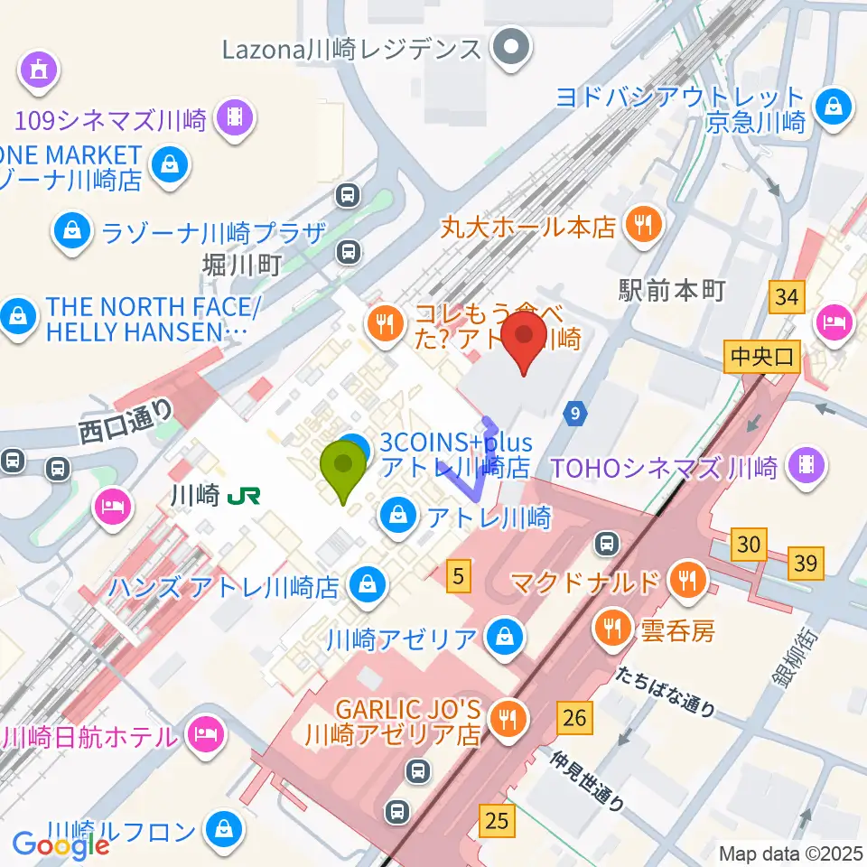 川崎浮世絵ギャラリーの最寄駅川崎駅からの徒歩ルート（約2分）地図