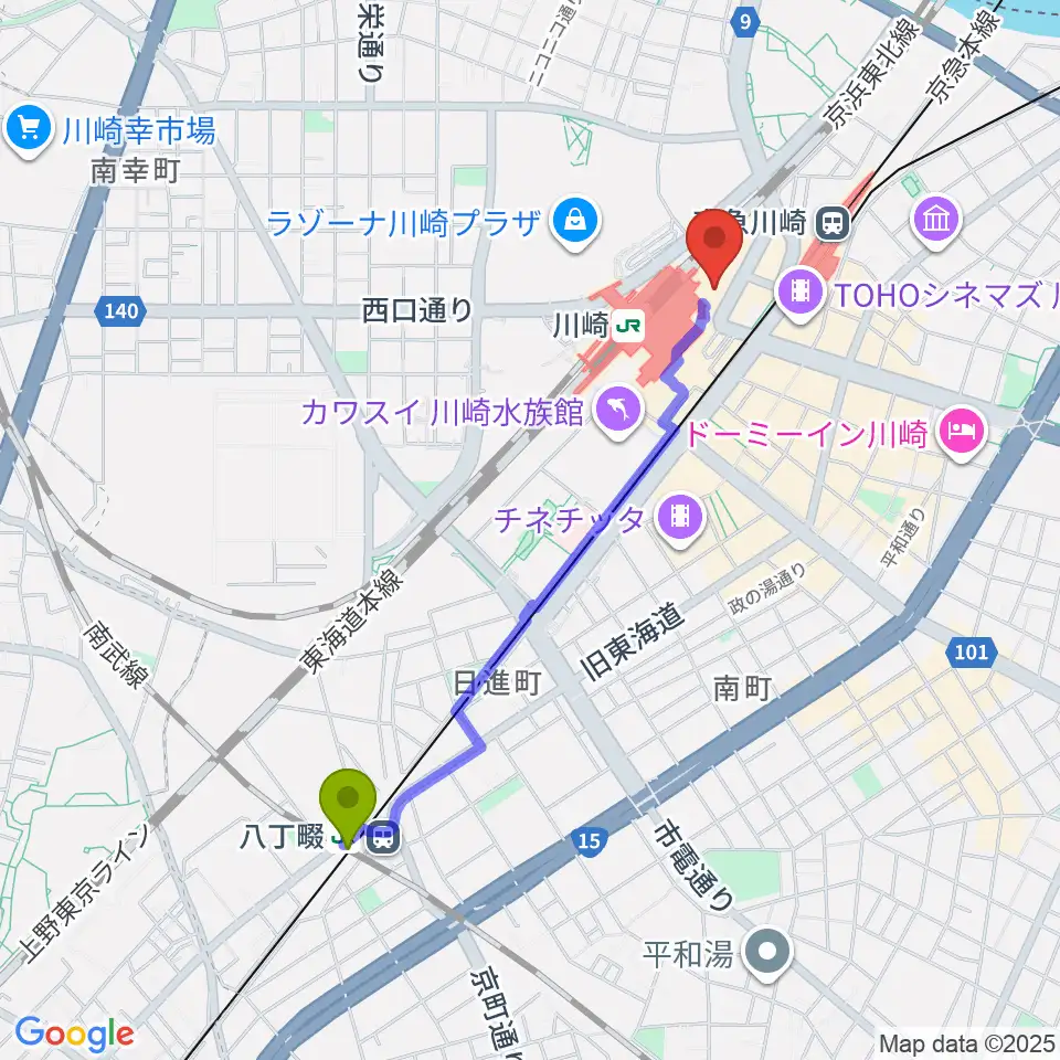 八丁畷駅から川崎浮世絵ギャラリーへのルートマップ地図