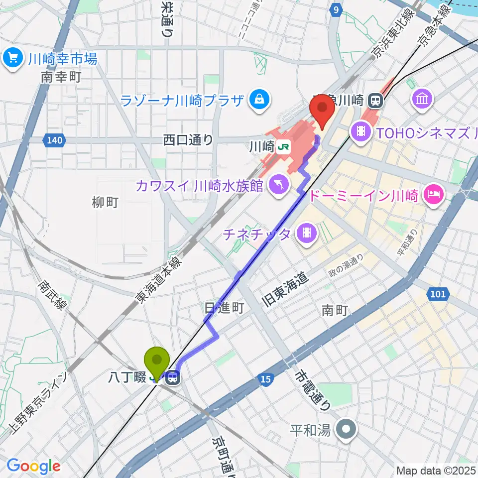 八丁畷駅から川崎浮世絵ギャラリーへのルートマップ地図