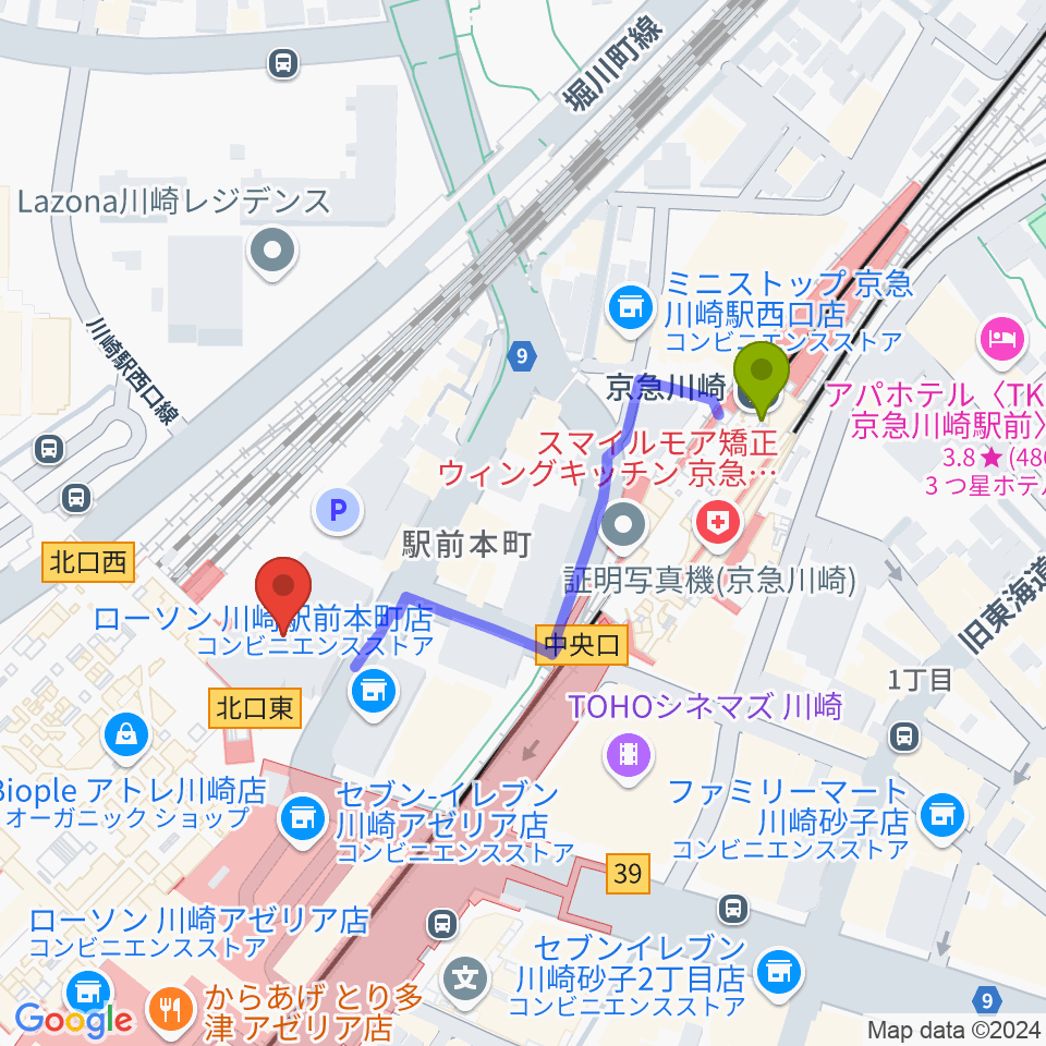 京急川崎駅から川崎浮世絵ギャラリーへのルートマップ地図