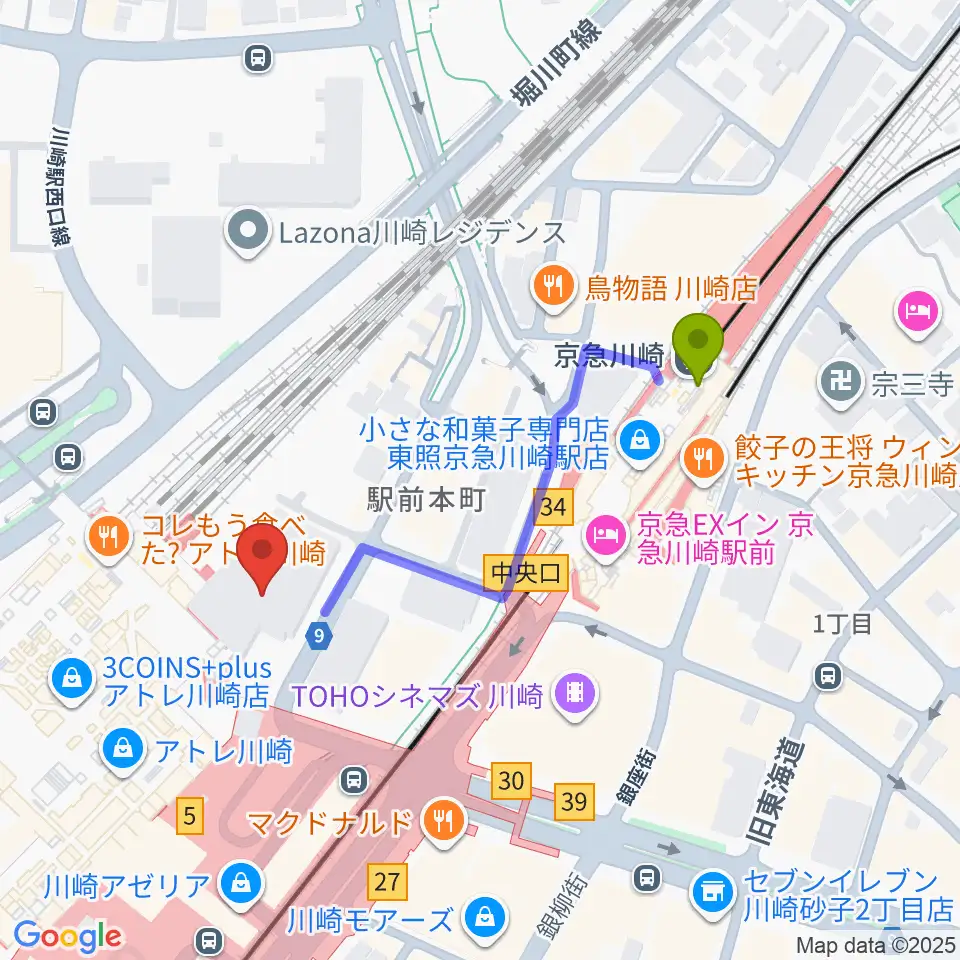 京急川崎駅から川崎浮世絵ギャラリーへのルートマップ地図