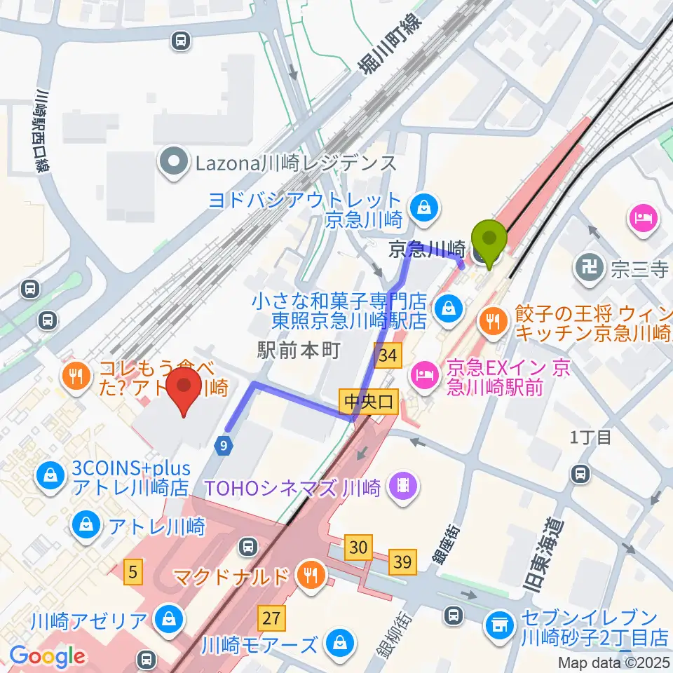 京急川崎駅から川崎浮世絵ギャラリーへのルートマップ地図