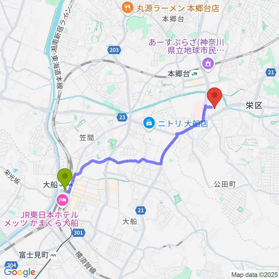 大船駅から横浜市栄公会堂へのルートマップ地図