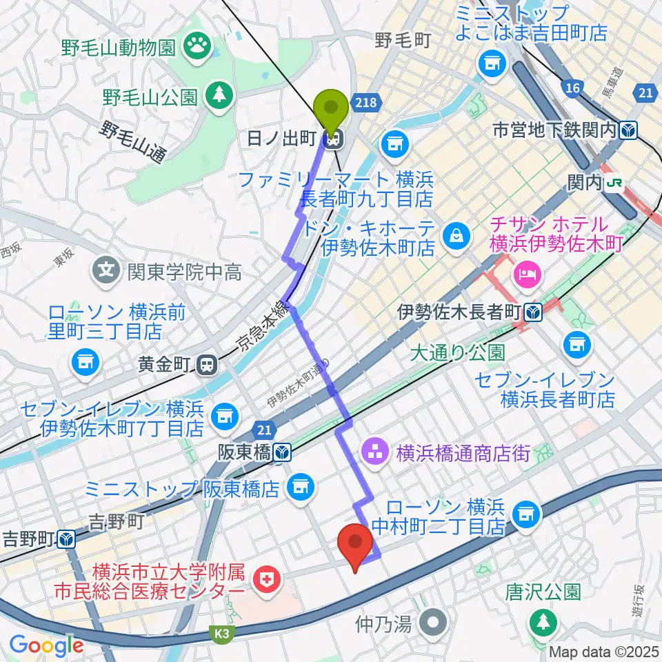 日ノ出町駅から横浜市南公会堂 みなみんへのルートマップ地図