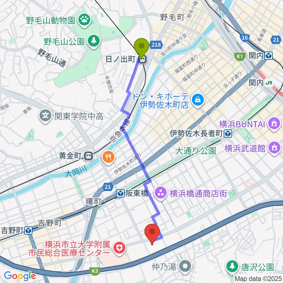 日ノ出町駅から横浜市南公会堂 みなみんへのルートマップ地図