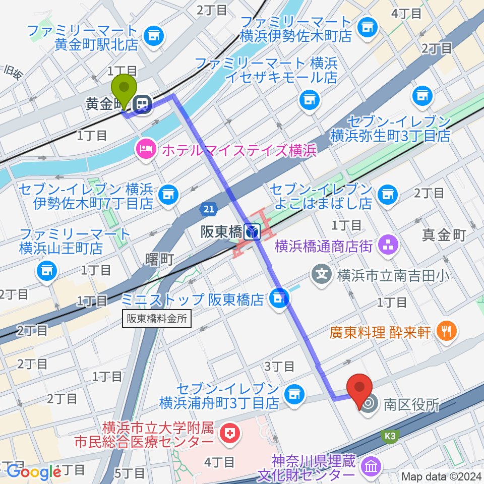 黄金町駅から横浜市南公会堂 みなみんへのルートマップ地図