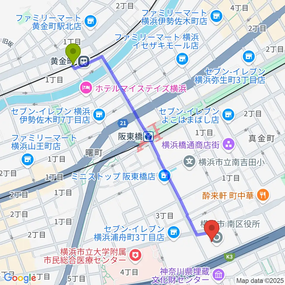 黄金町駅から横浜市南公会堂 みなみんへのルートマップ地図