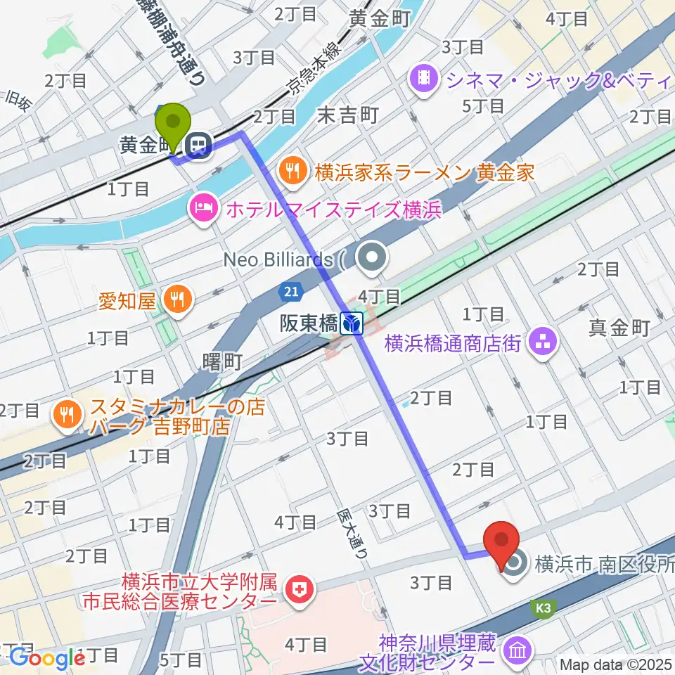 黄金町駅から横浜市南公会堂 みなみんへのルートマップ地図