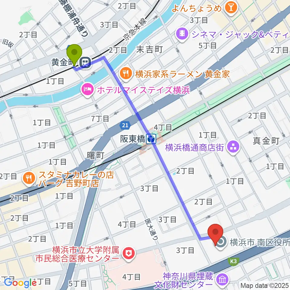 黄金町駅から横浜市南公会堂 みなみんへのルートマップ地図