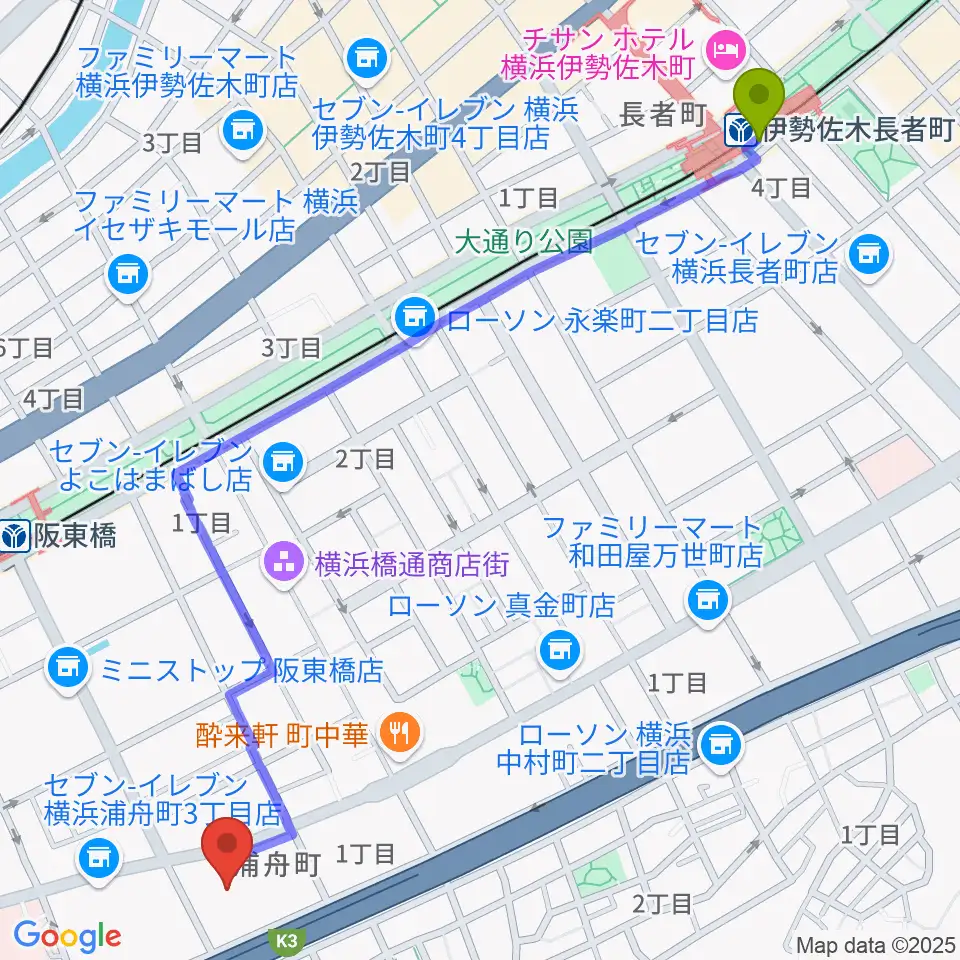 伊勢佐木長者町駅から横浜市南公会堂 みなみんへのルートマップ地図