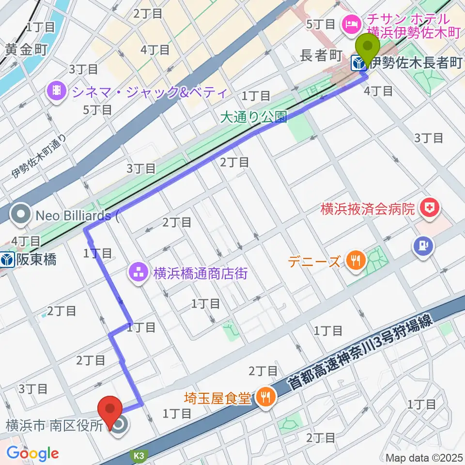 伊勢佐木長者町駅から横浜市南公会堂 みなみんへのルートマップ地図