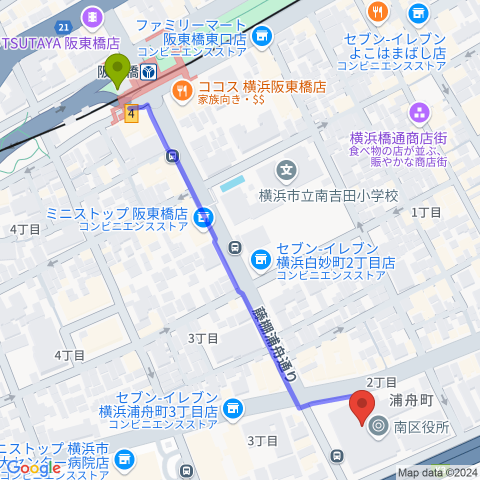 横浜市南公会堂 みなみんの最寄駅阪東橋駅からの徒歩ルート（約7分）地図