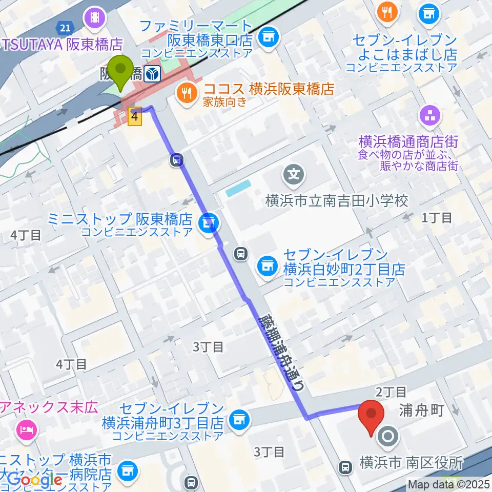 横浜市南公会堂 みなみんの最寄駅阪東橋駅からの徒歩ルート（約7分）地図