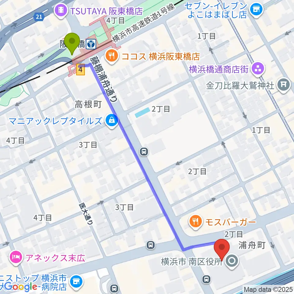 横浜市南公会堂 みなみんの最寄駅阪東橋駅からの徒歩ルート（約7分）地図