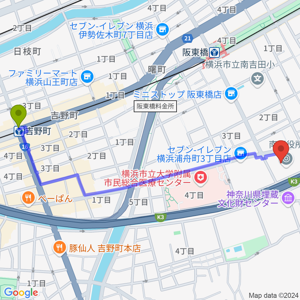 吉野町駅から横浜市南公会堂 みなみんへのルートマップ地図