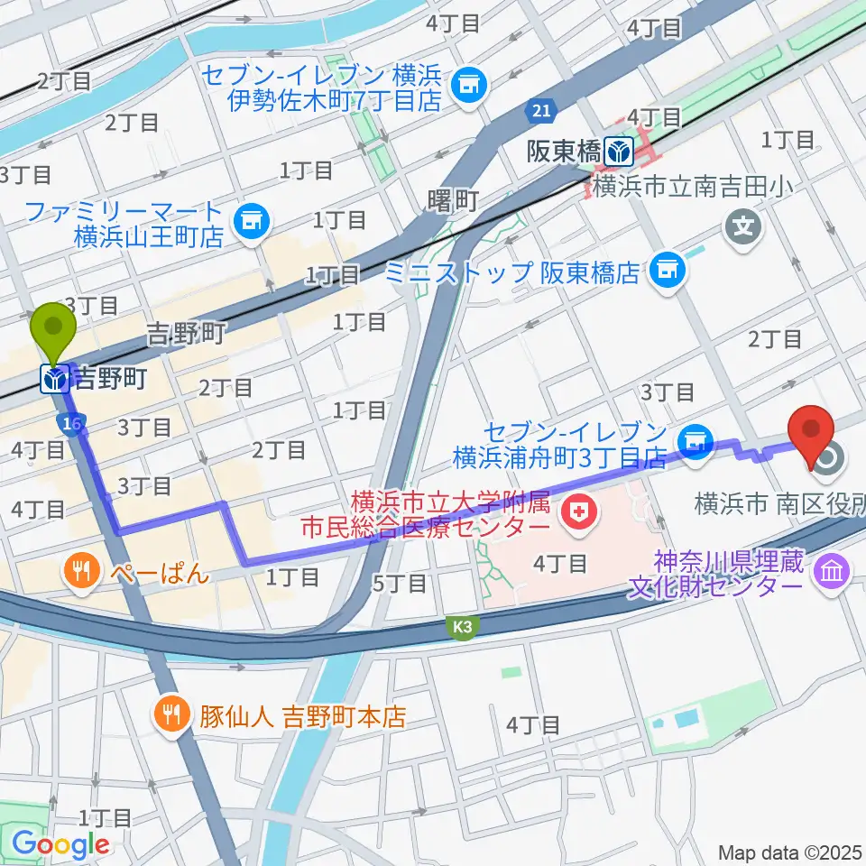 吉野町駅から横浜市南公会堂 みなみんへのルートマップ地図