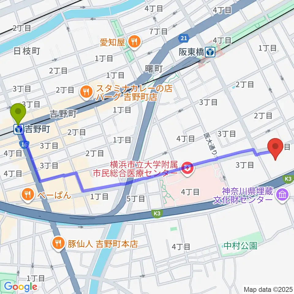 吉野町駅から横浜市南公会堂 みなみんへのルートマップ地図