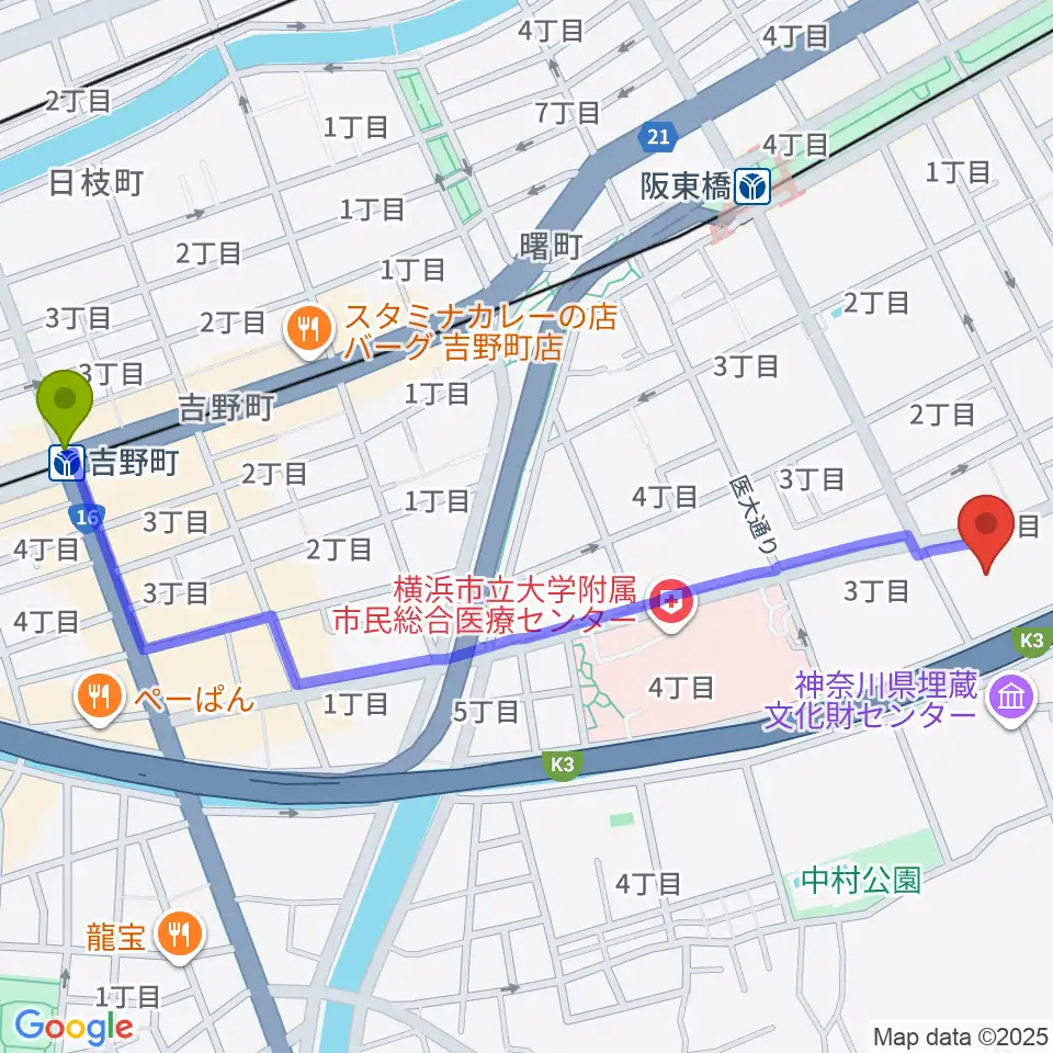 吉野町駅から横浜市南公会堂 みなみんへのルートマップ地図
