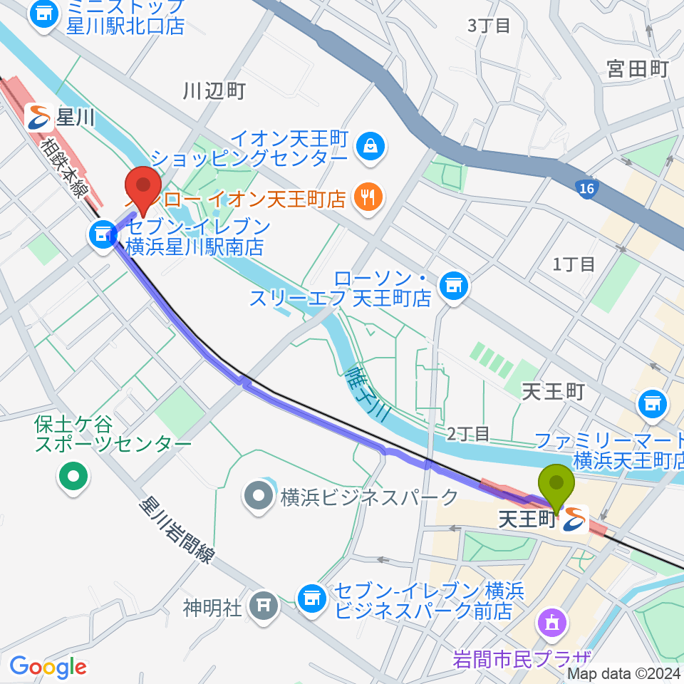 天王町駅から横浜市保土ケ谷公会堂へのルートマップ地図