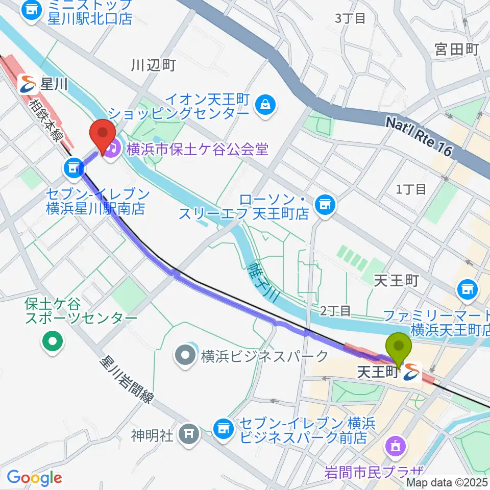 天王町駅から横浜市保土ケ谷公会堂へのルートマップ地図