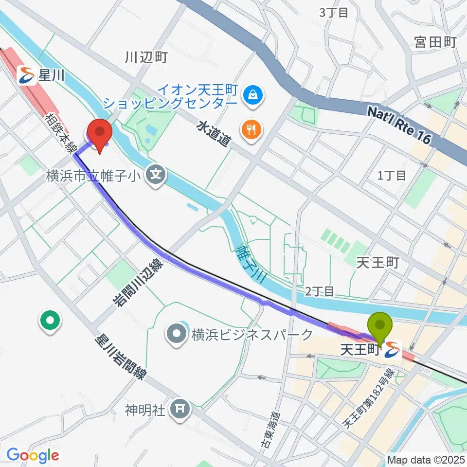 天王町駅から横浜市保土ケ谷公会堂へのルートマップ地図