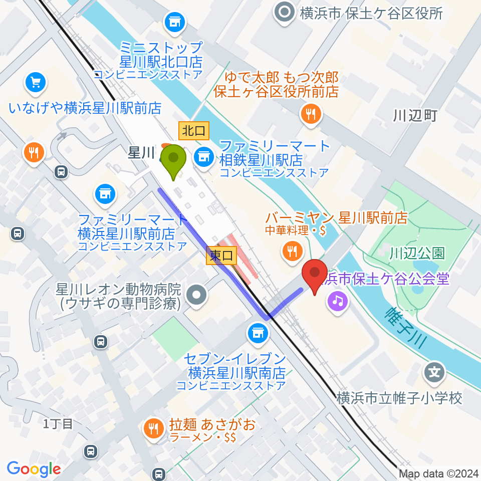 横浜市保土ケ谷公会堂の最寄駅星川駅からの徒歩ルート（約3分）地図