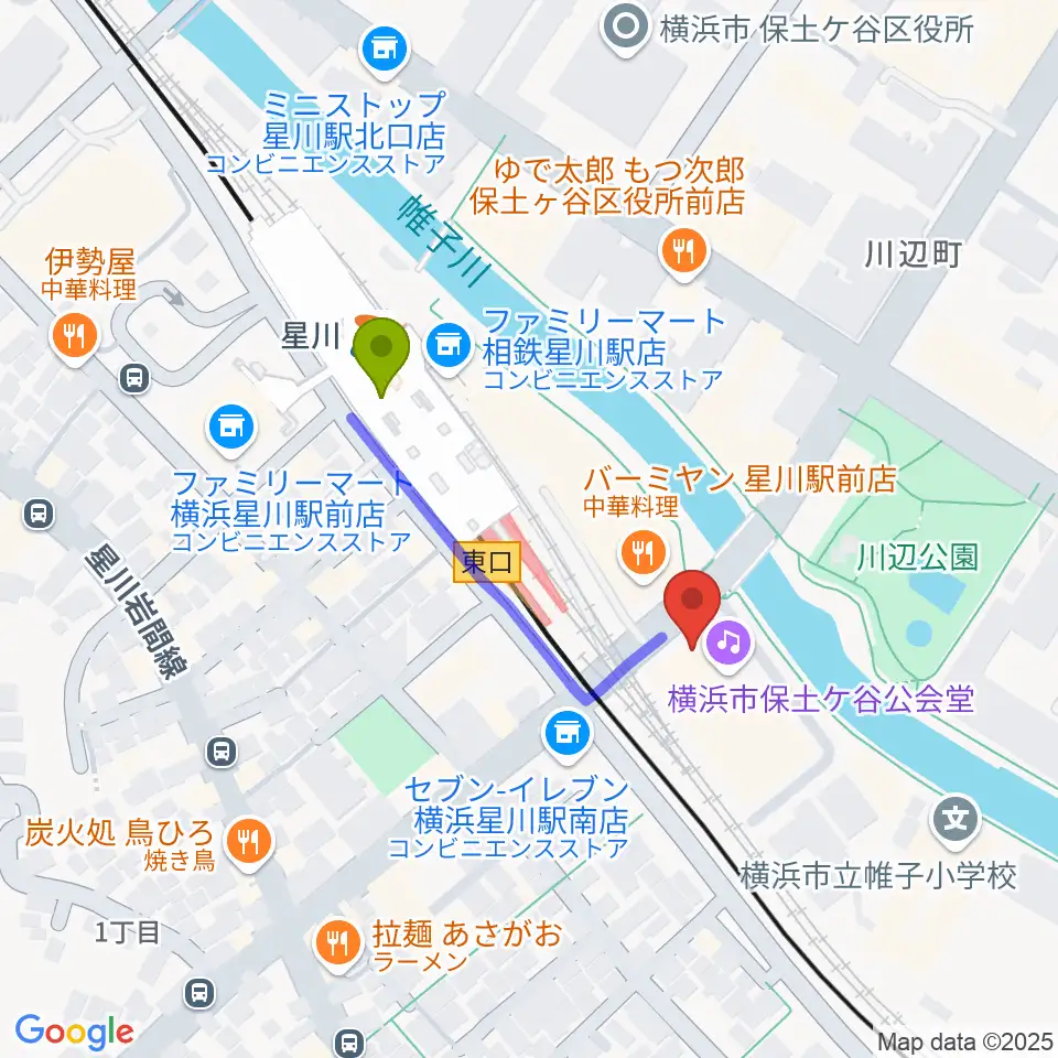 横浜市保土ケ谷公会堂の最寄駅星川駅からの徒歩ルート（約3分）地図