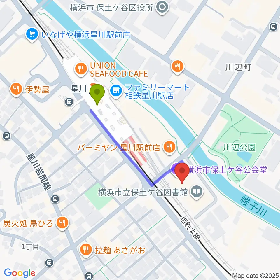 横浜市保土ケ谷公会堂の最寄駅星川駅からの徒歩ルート（約3分）地図