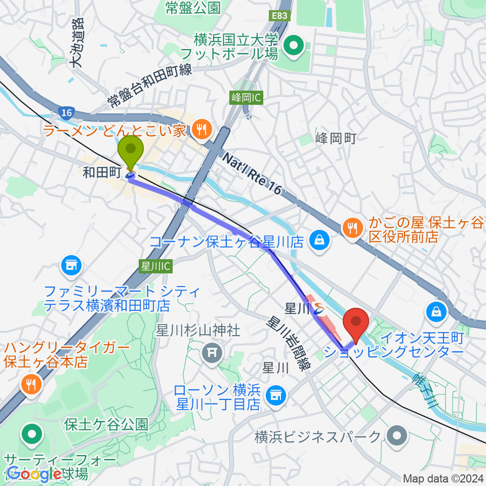 和田町駅から横浜市保土ケ谷公会堂へのルートマップ地図