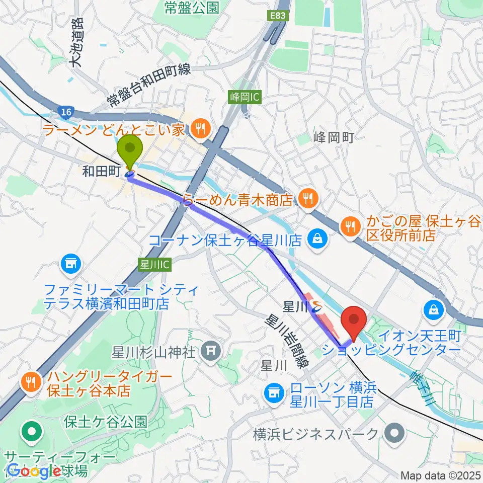 和田町駅から横浜市保土ケ谷公会堂へのルートマップ地図