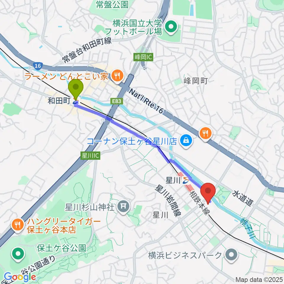 和田町駅から横浜市保土ケ谷公会堂へのルートマップ地図