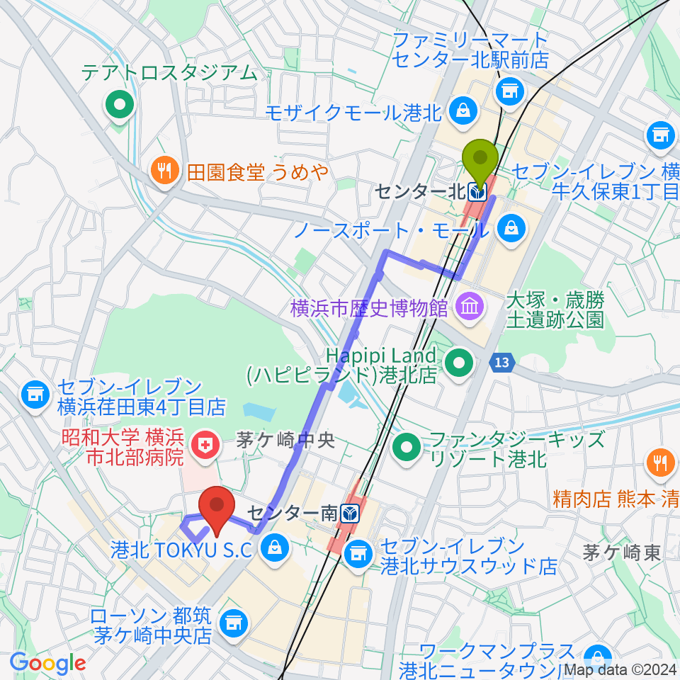 センター北駅から都筑公会堂へのルートマップ地図