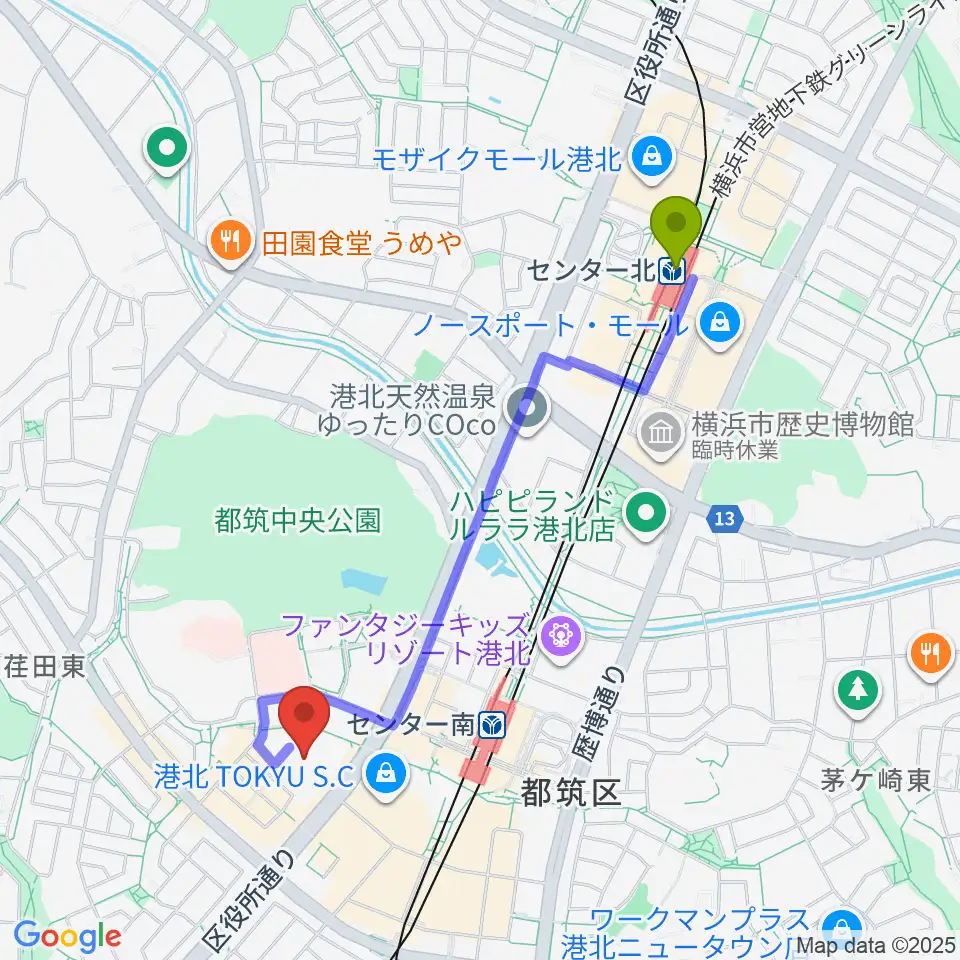 センター北駅から都筑公会堂へのルートマップ地図