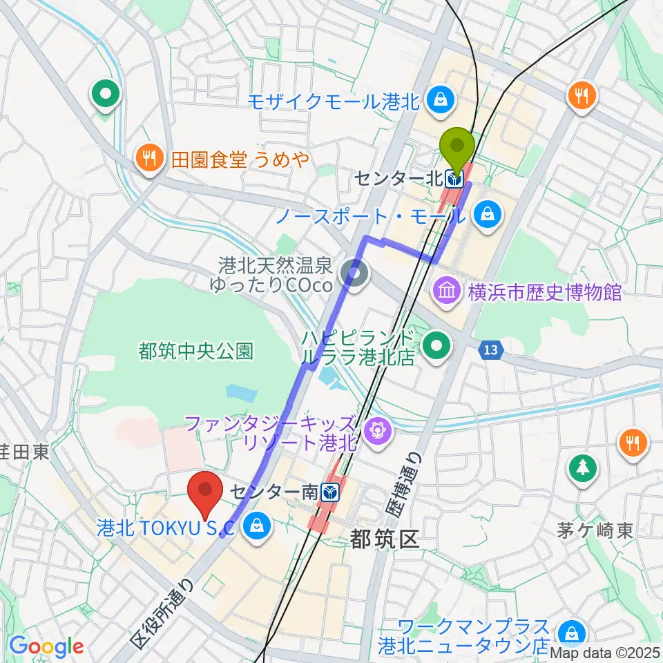 センター北駅から都筑公会堂へのルートマップ地図