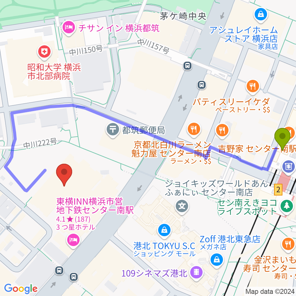 都筑公会堂の最寄駅センター南駅からの徒歩ルート（約6分）地図