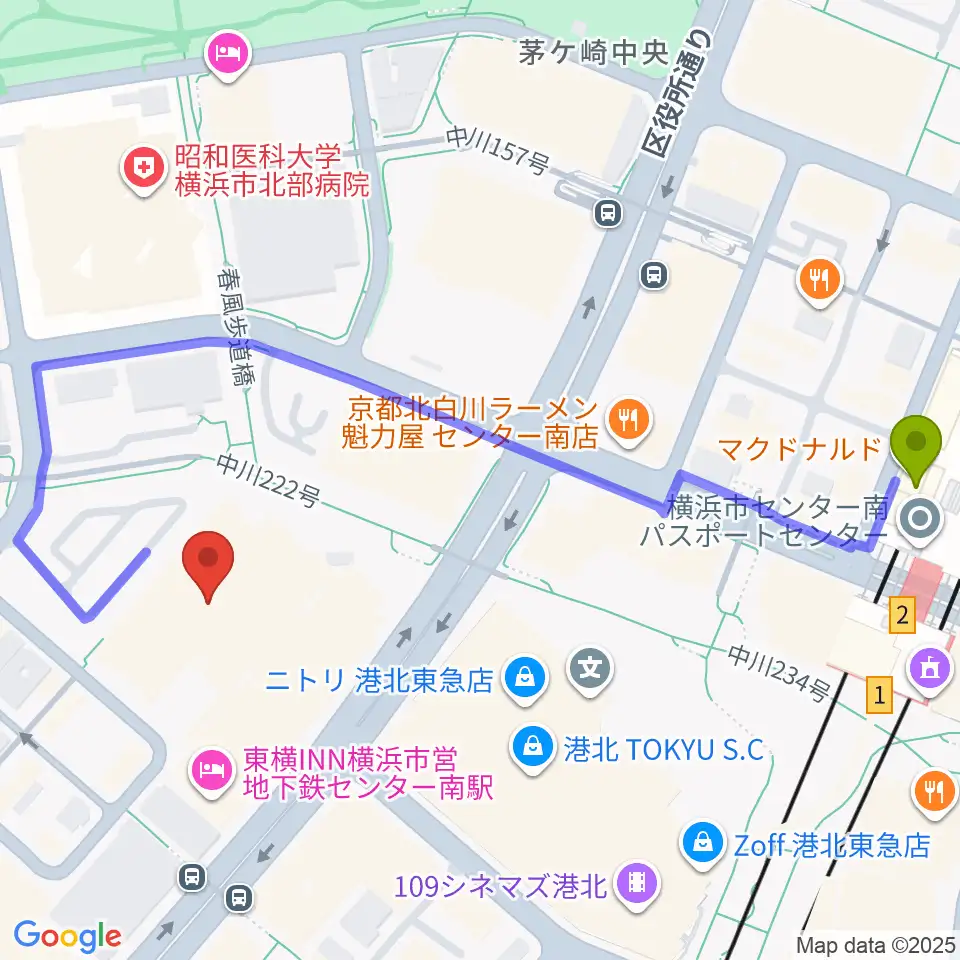 都筑公会堂の最寄駅センター南駅からの徒歩ルート（約6分）地図