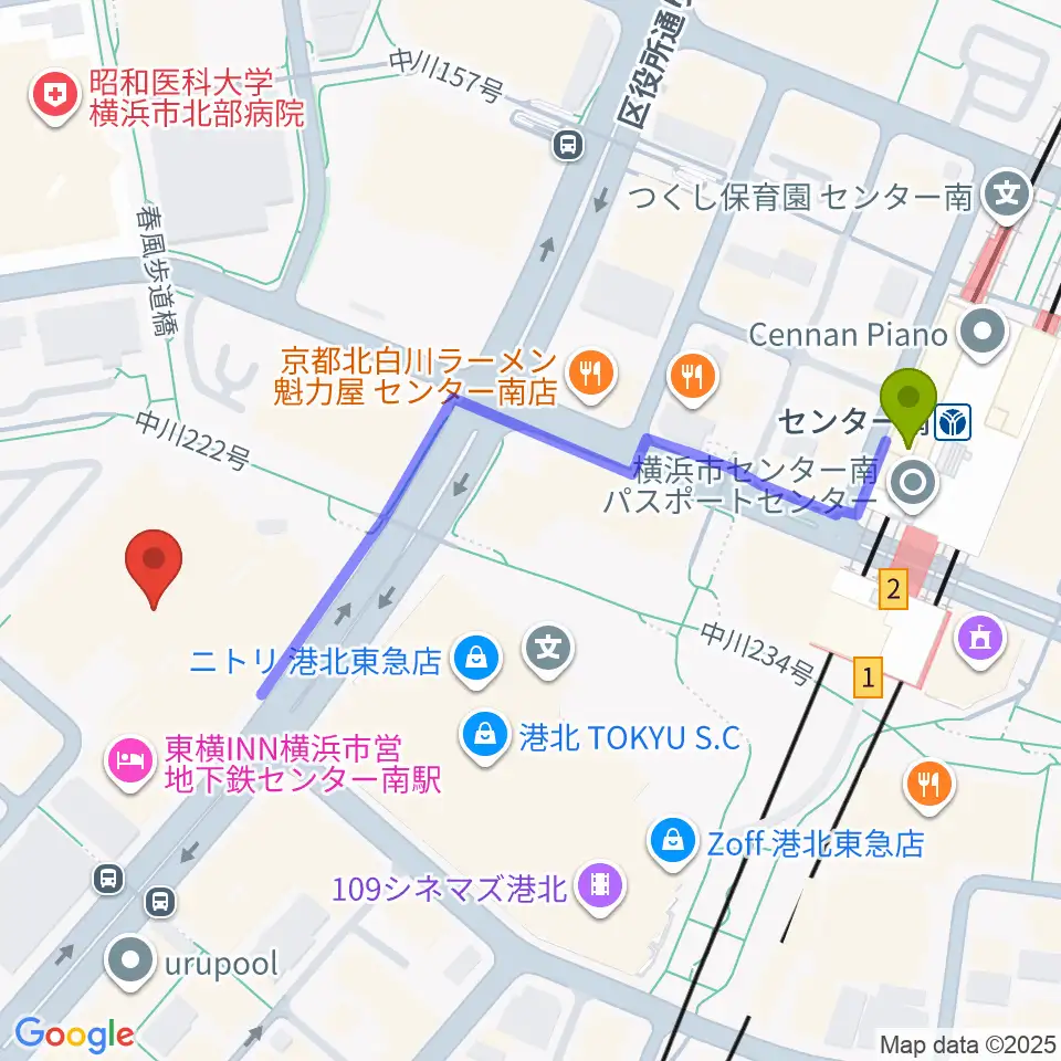 都筑公会堂の最寄駅センター南駅からの徒歩ルート（約6分）地図