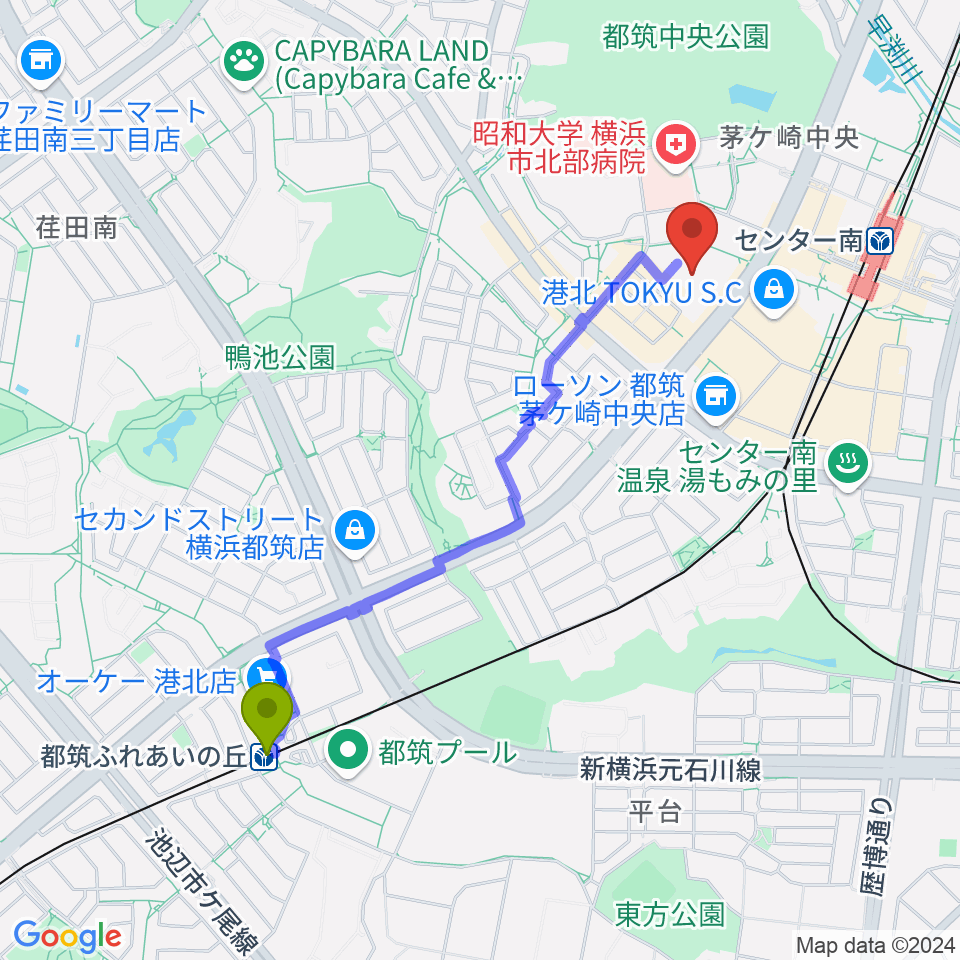 都筑ふれあいの丘駅から都筑公会堂へのルートマップ地図