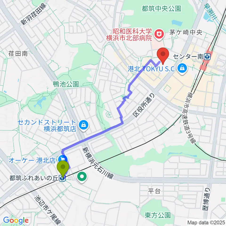 都筑ふれあいの丘駅から都筑公会堂へのルートマップ地図