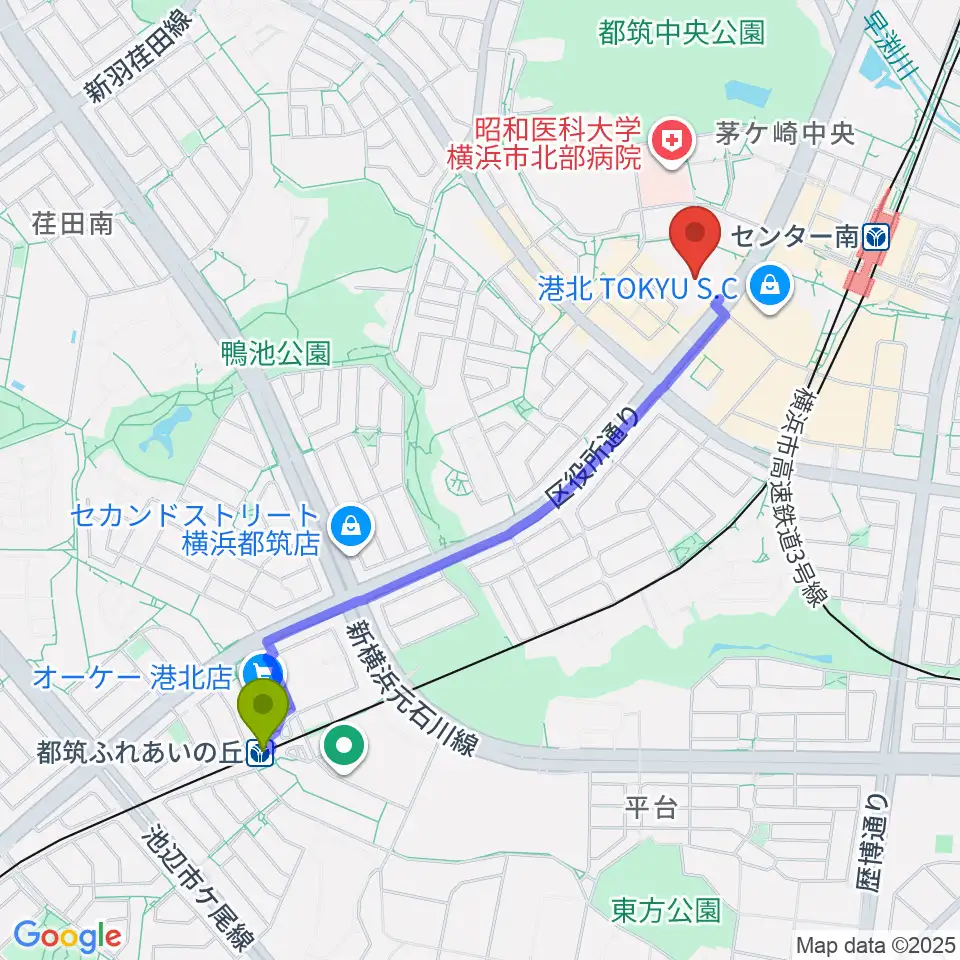 都筑ふれあいの丘駅から都筑公会堂へのルートマップ地図