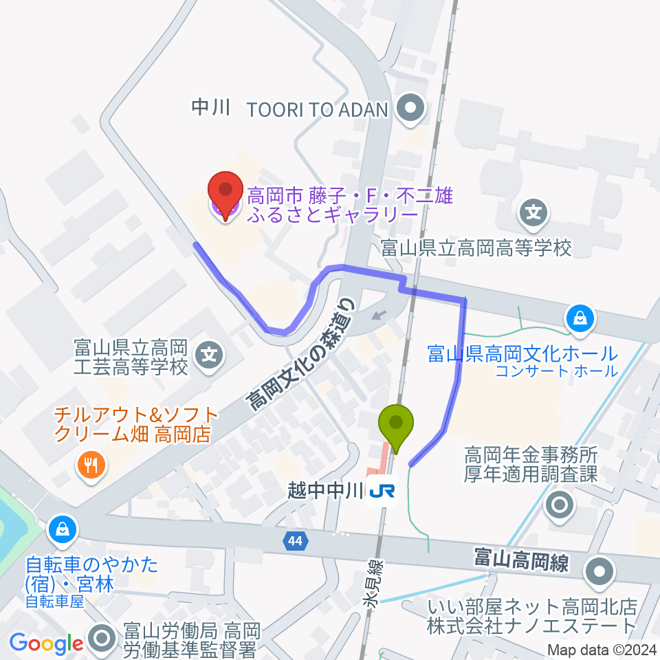 高岡市美術館の最寄駅越中中川駅からの徒歩ルート（約3分）地図