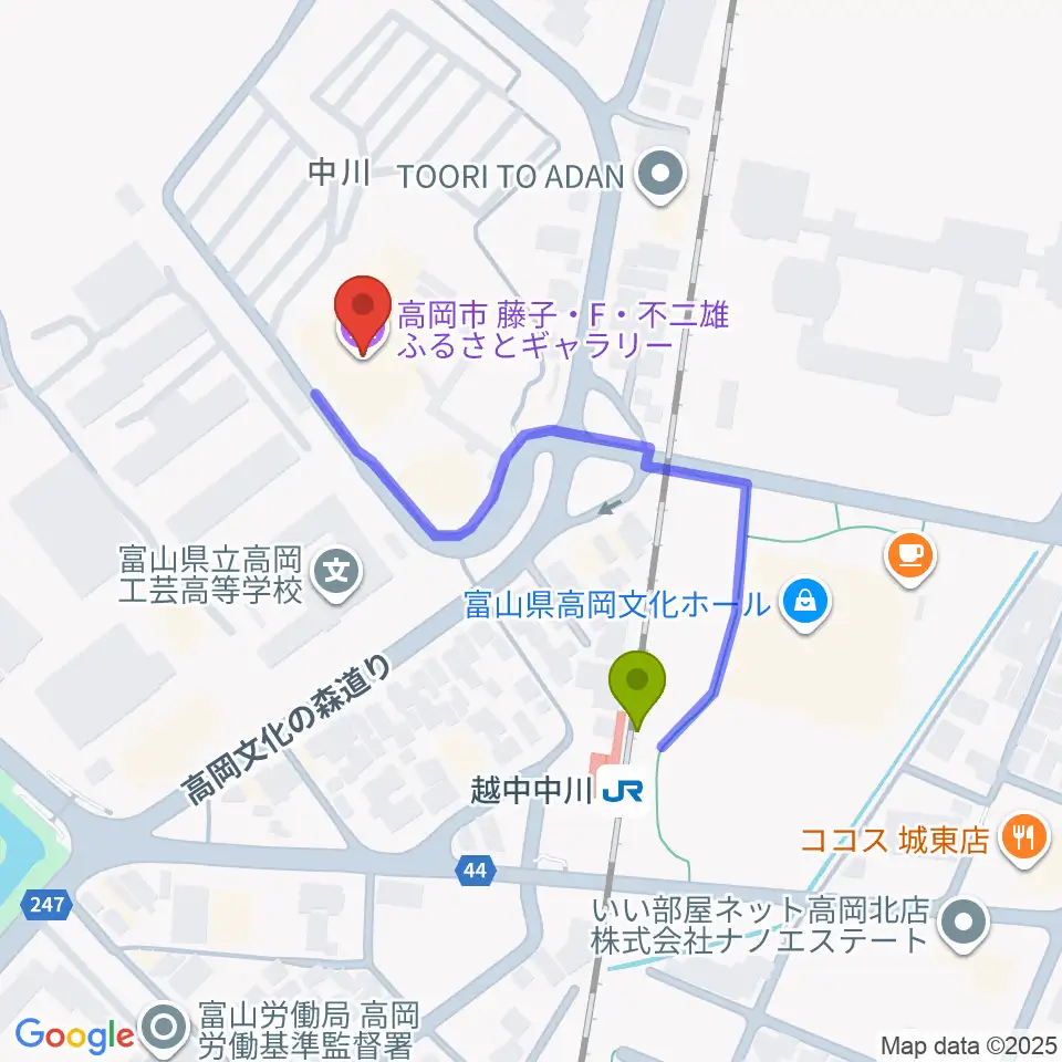 高岡市美術館の最寄駅越中中川駅からの徒歩ルート（約3分）地図