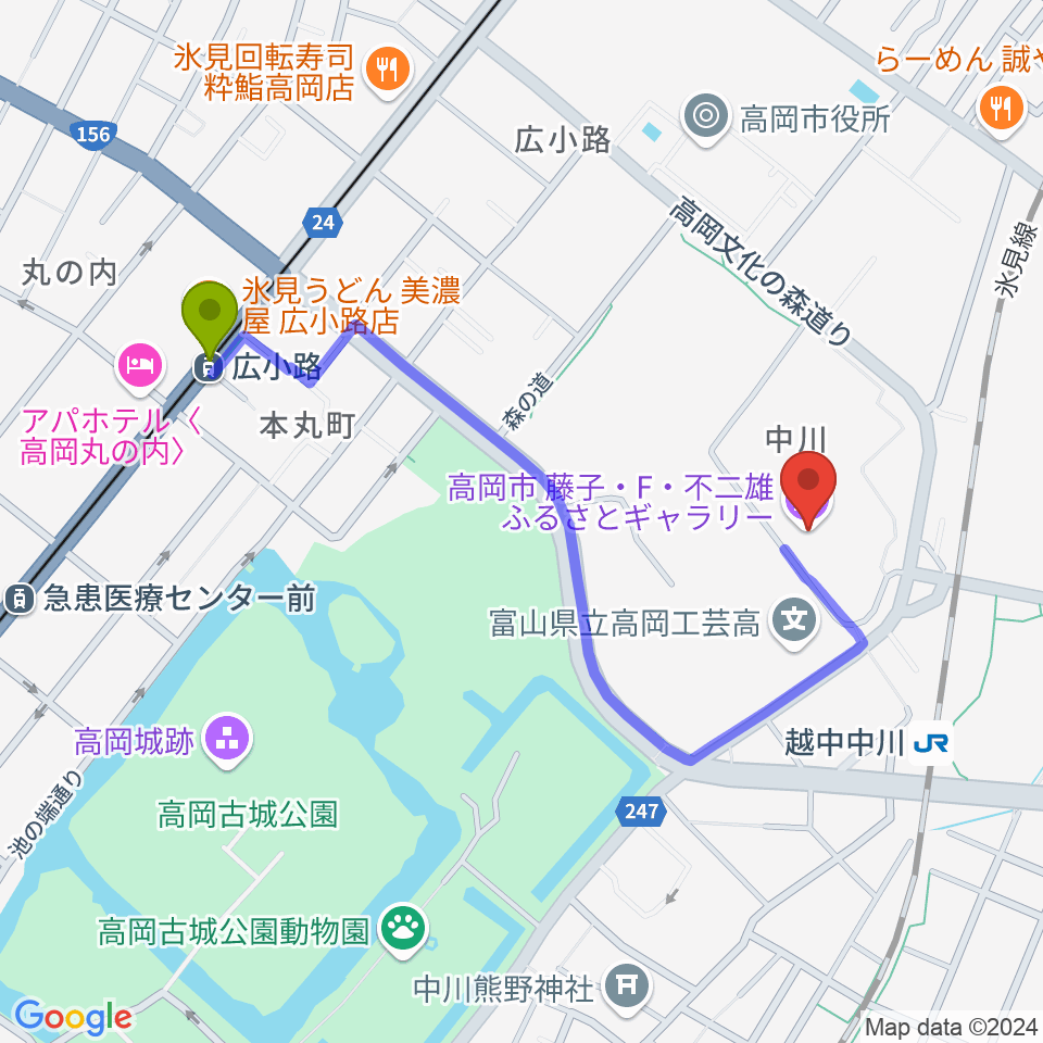 広小路駅から高岡市美術館へのルートマップ地図