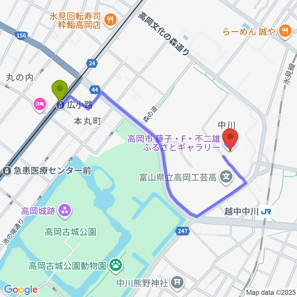 広小路駅から高岡市美術館へのルートマップ地図