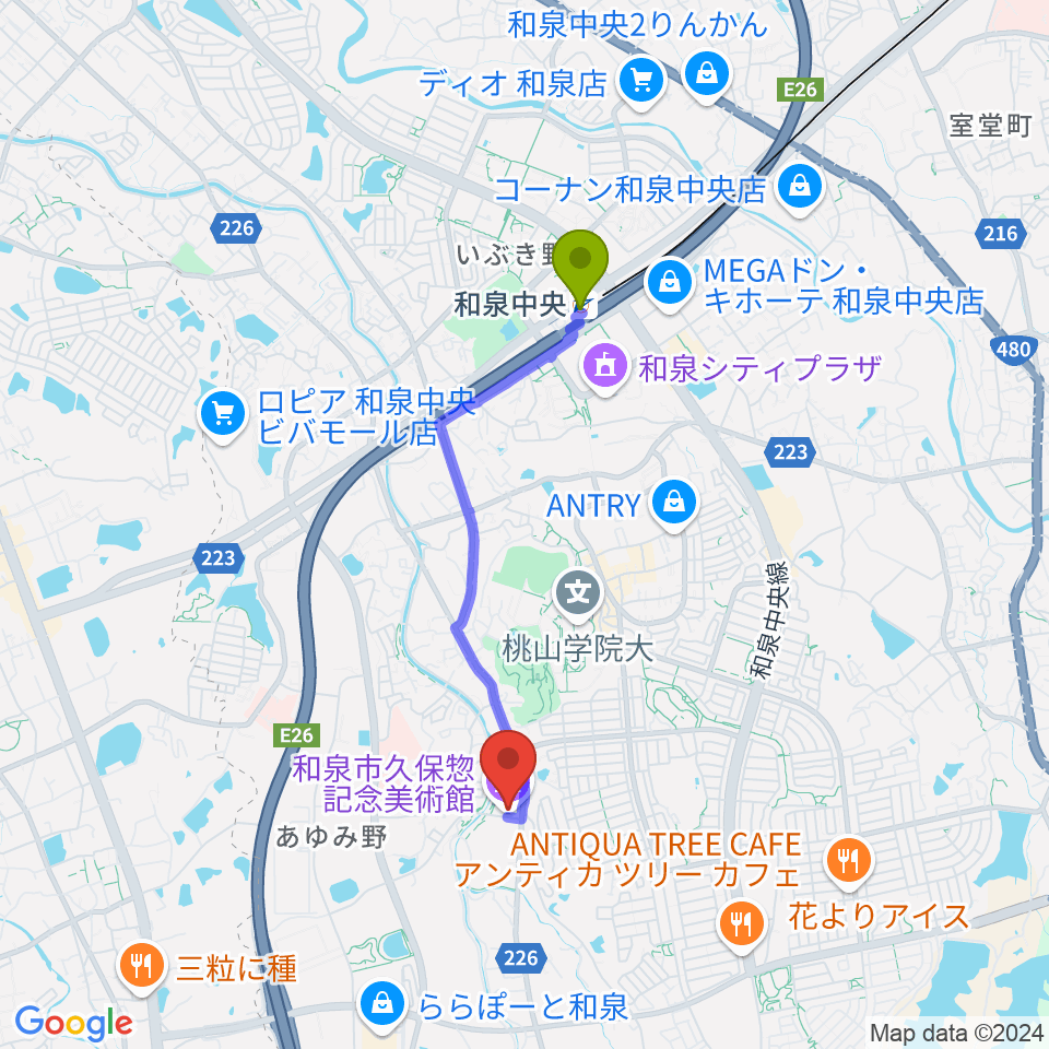 和泉市久保惣記念美術館の最寄駅和泉中央駅からの徒歩ルート（約30分）地図