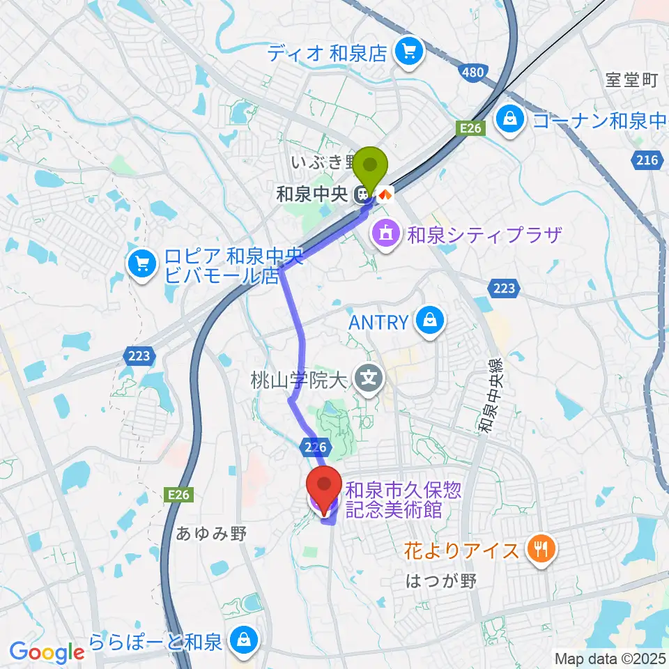 和泉市久保惣記念美術館の最寄駅和泉中央駅からの徒歩ルート（約30分）地図