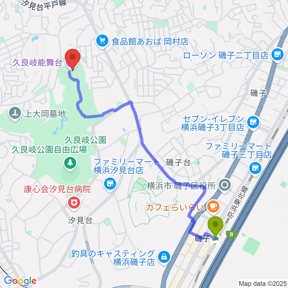 磯子駅から久良岐能舞台へのルートマップ地図